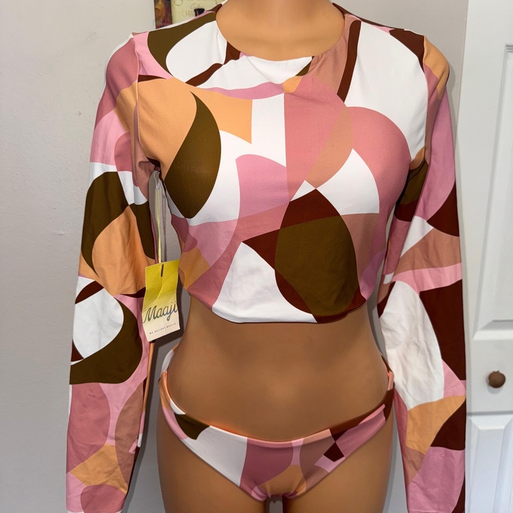 Maaji Pink and Brown Geometric Bikini Set size XL bottom reversible!